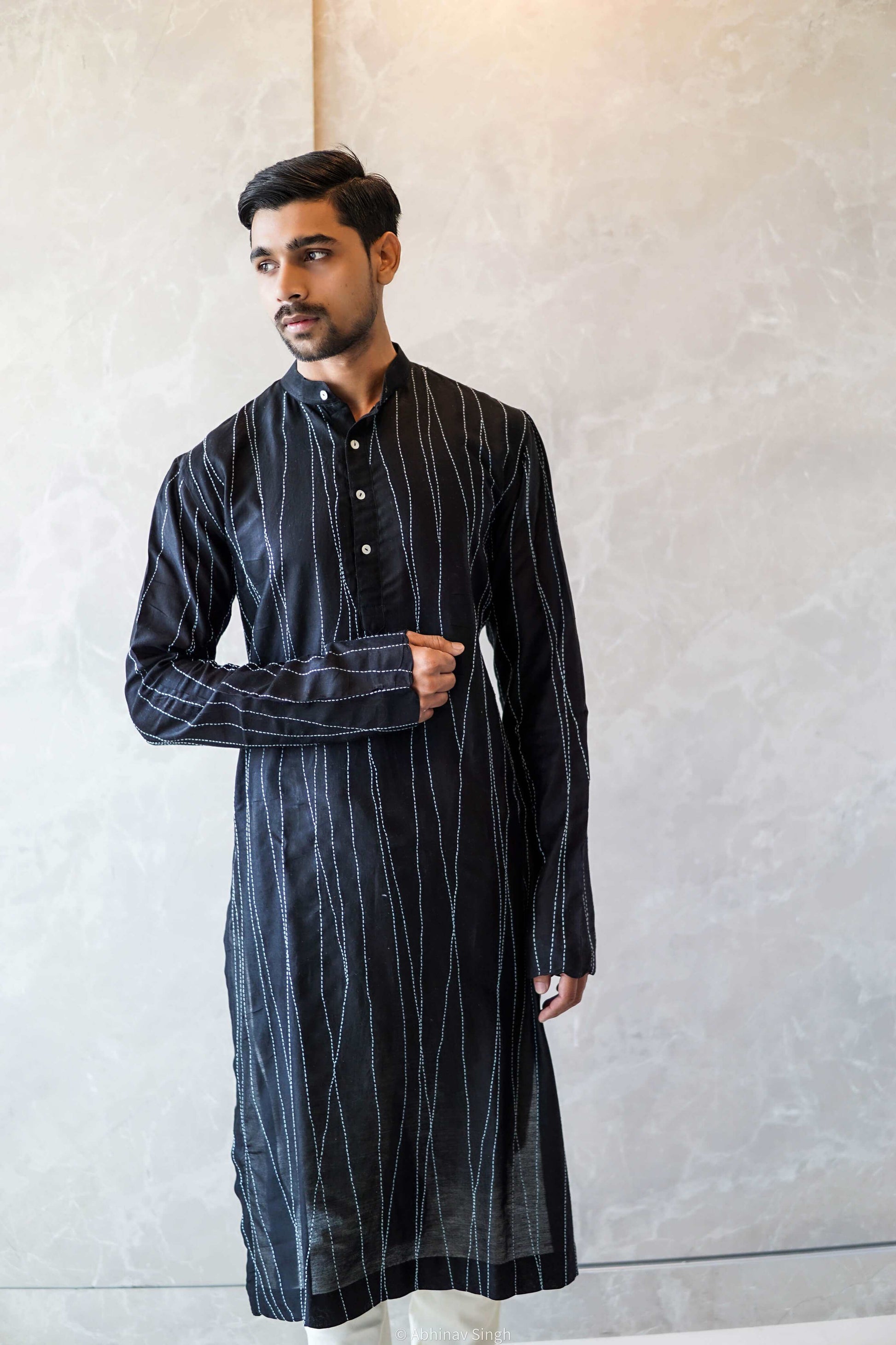 Anantha-Black Cotsilk Chanderi Sujani Embroidery Kurta for Men-bihat