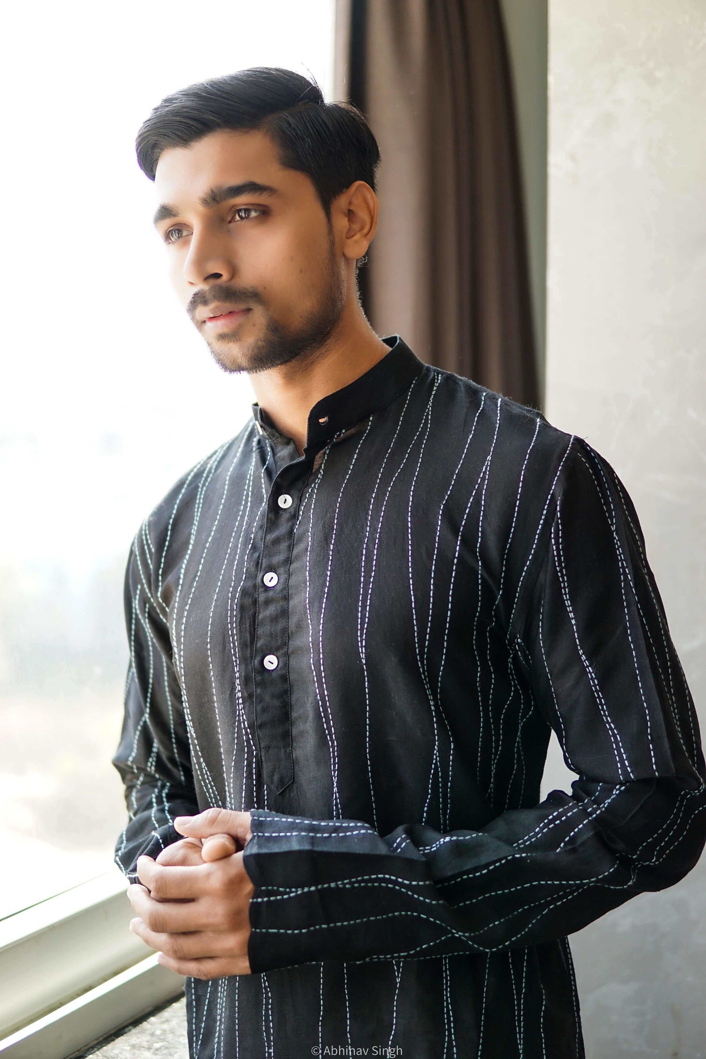 Anantha-Black Cotsilk Chanderi Sujani Embroidery Kurta for Men-bihat