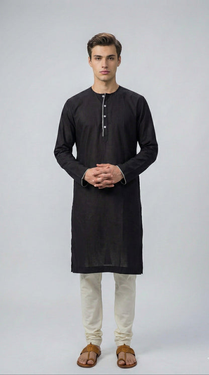 Men Chanderi Black Kurta