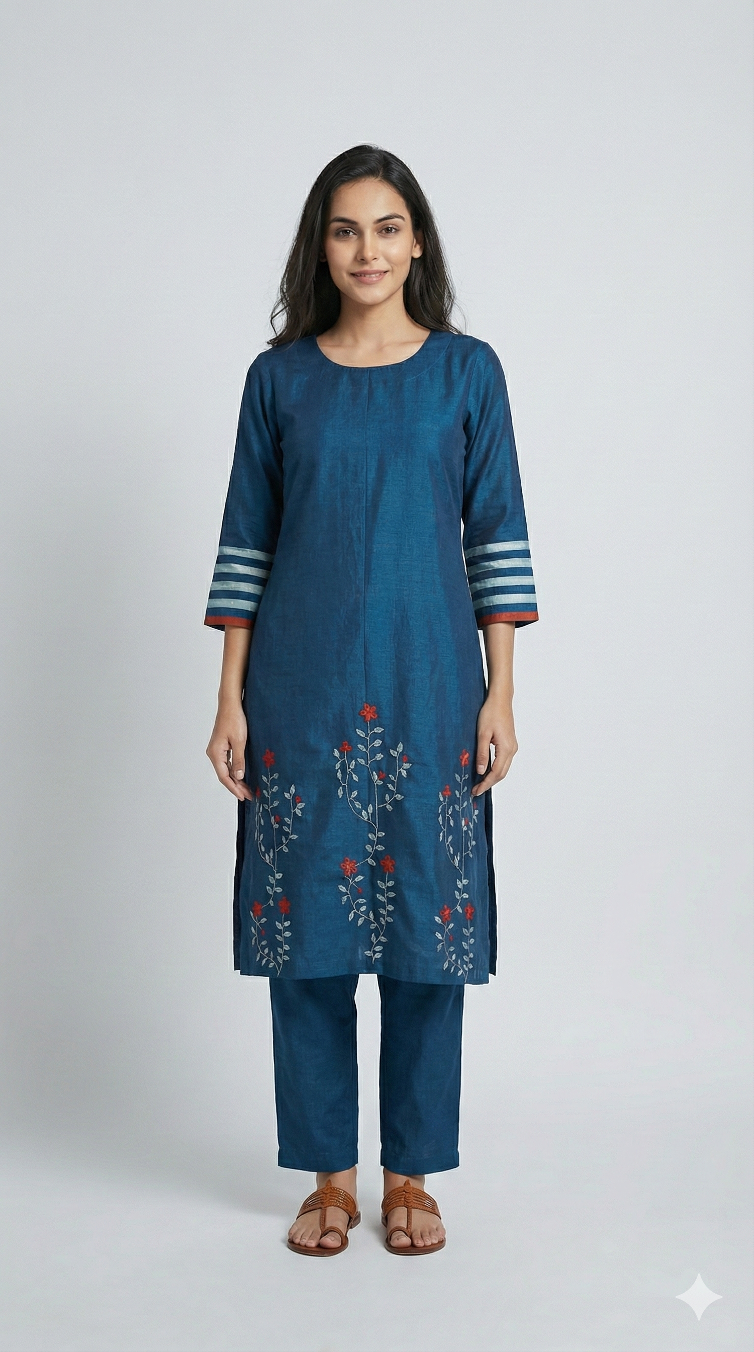 Phool Patti Applique Work Teal Chanderi Kurti For Women