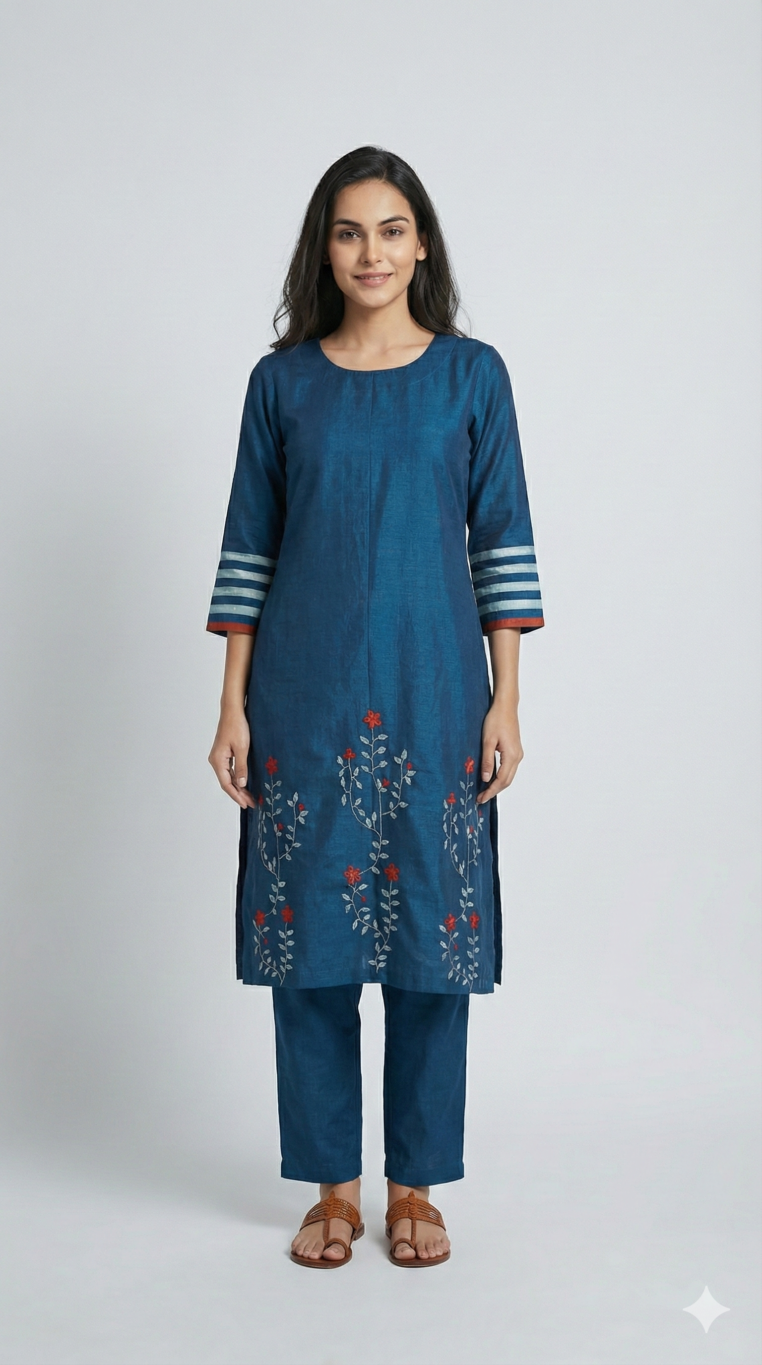 Phool Patti Applique Work Teal Chanderi Kurti For Women