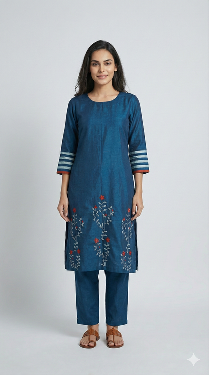 Phool Patti Applique Work Teal Chanderi Kurti For Women