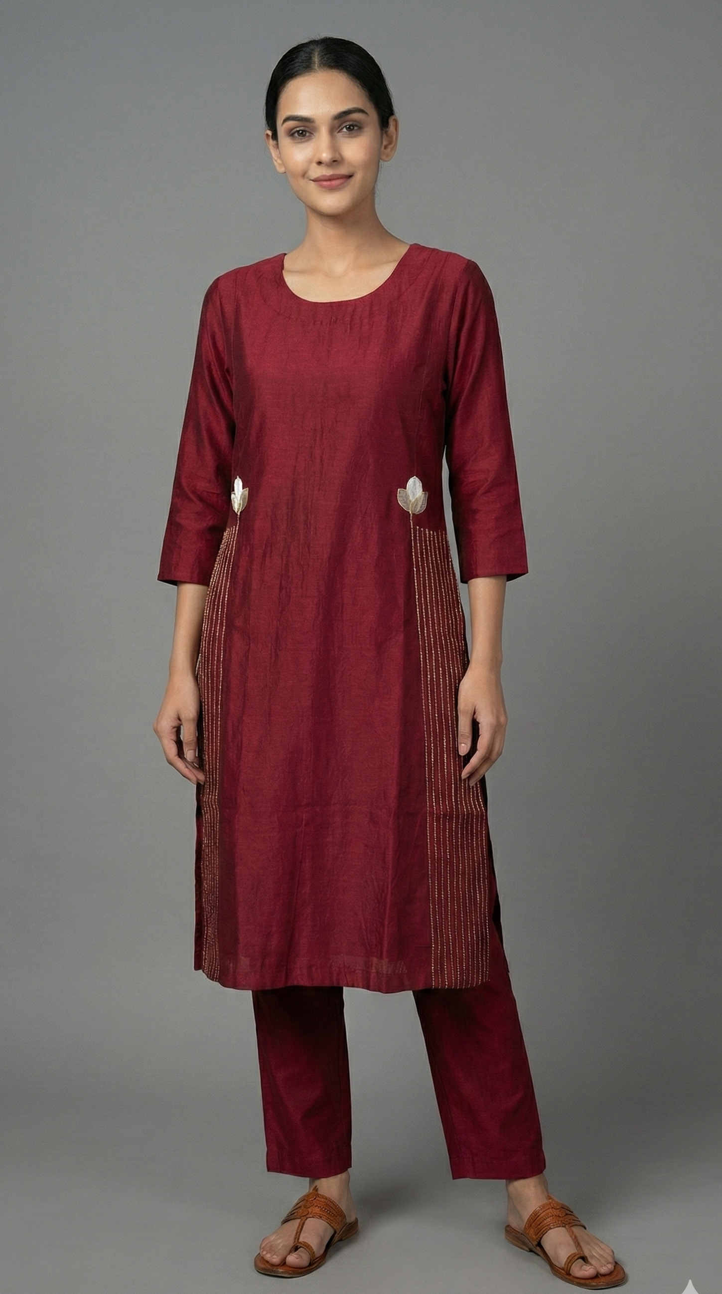 Maroon Chanderi Applique and Sujani Embroidered Kurti For Women