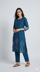 Phool Patti Applique Work Teal Chanderi Kurti For Women