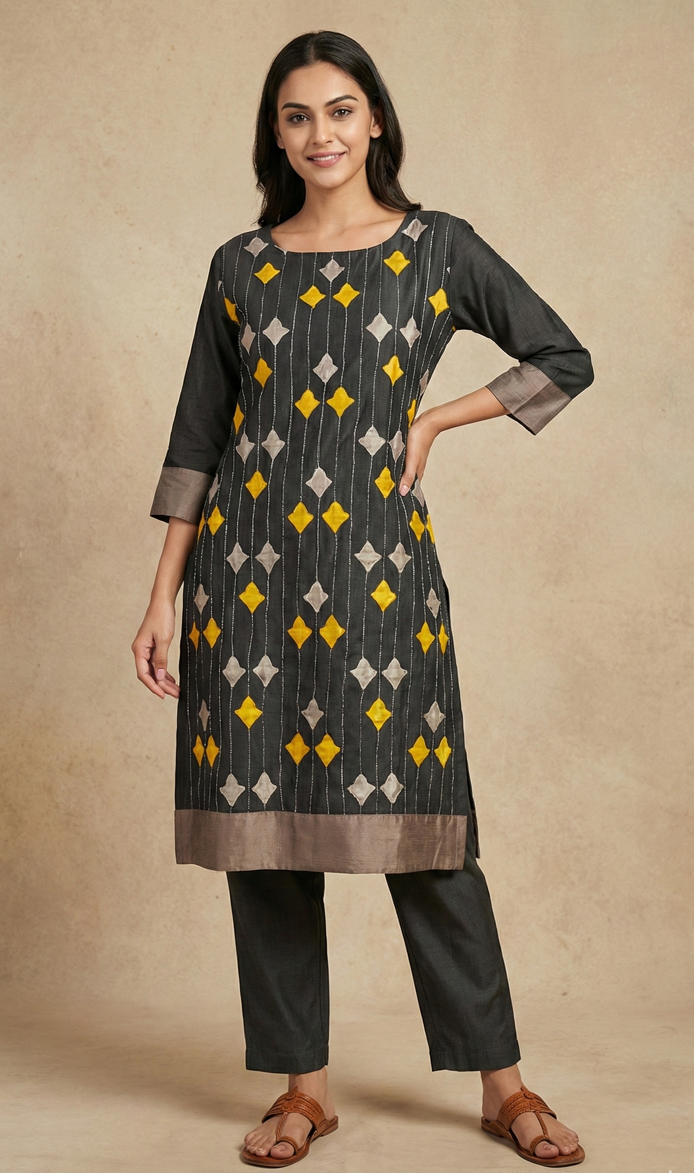 Applique & Sujani Charcoal Grey Chanderi Kurti For Women