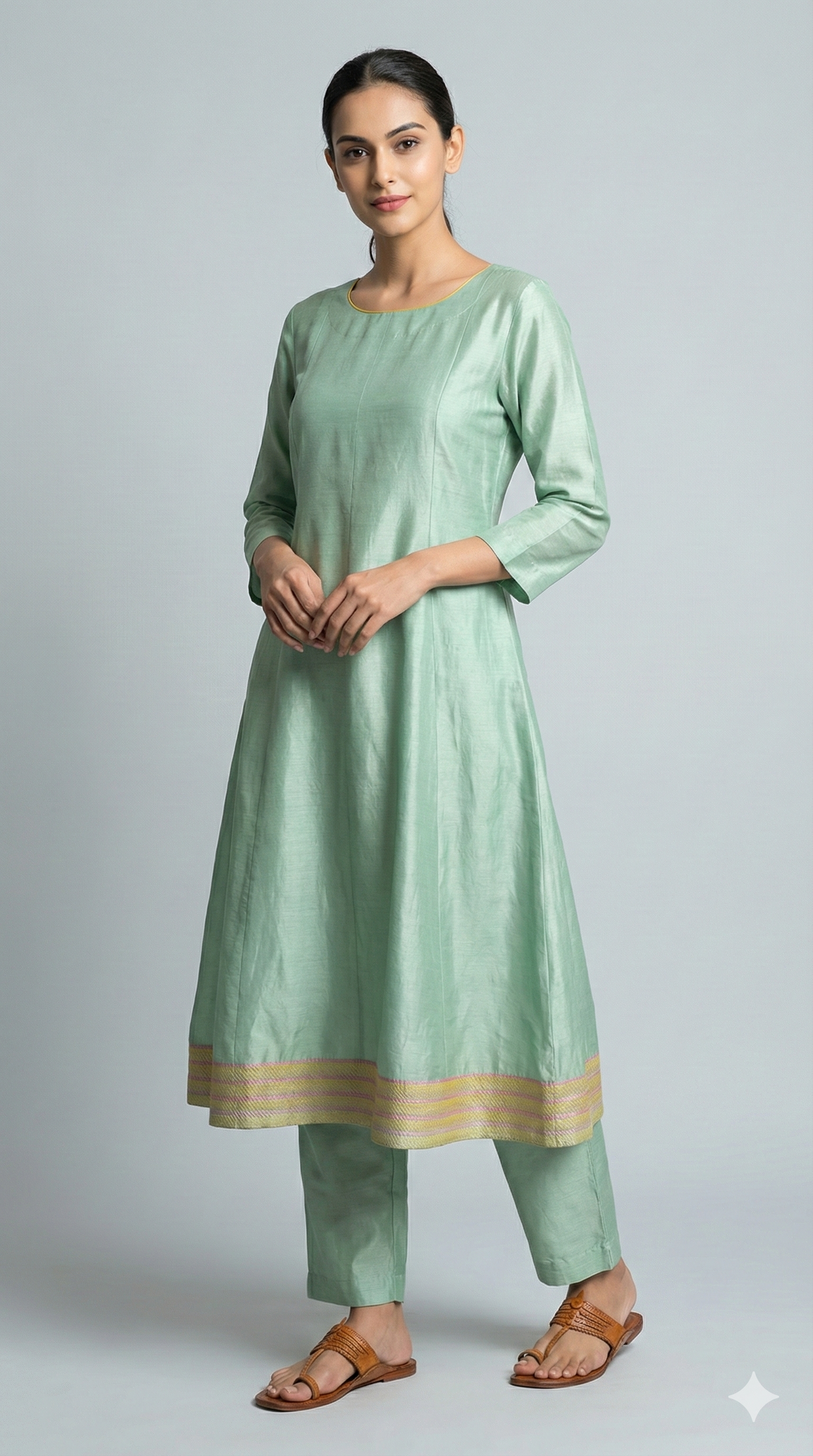 Sea Green A-Line Chanderi Kurti Hand Embroidered in Sujani