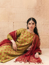Lime Green Applique and Sujani Kurta Set with Kota Silk Dupatta