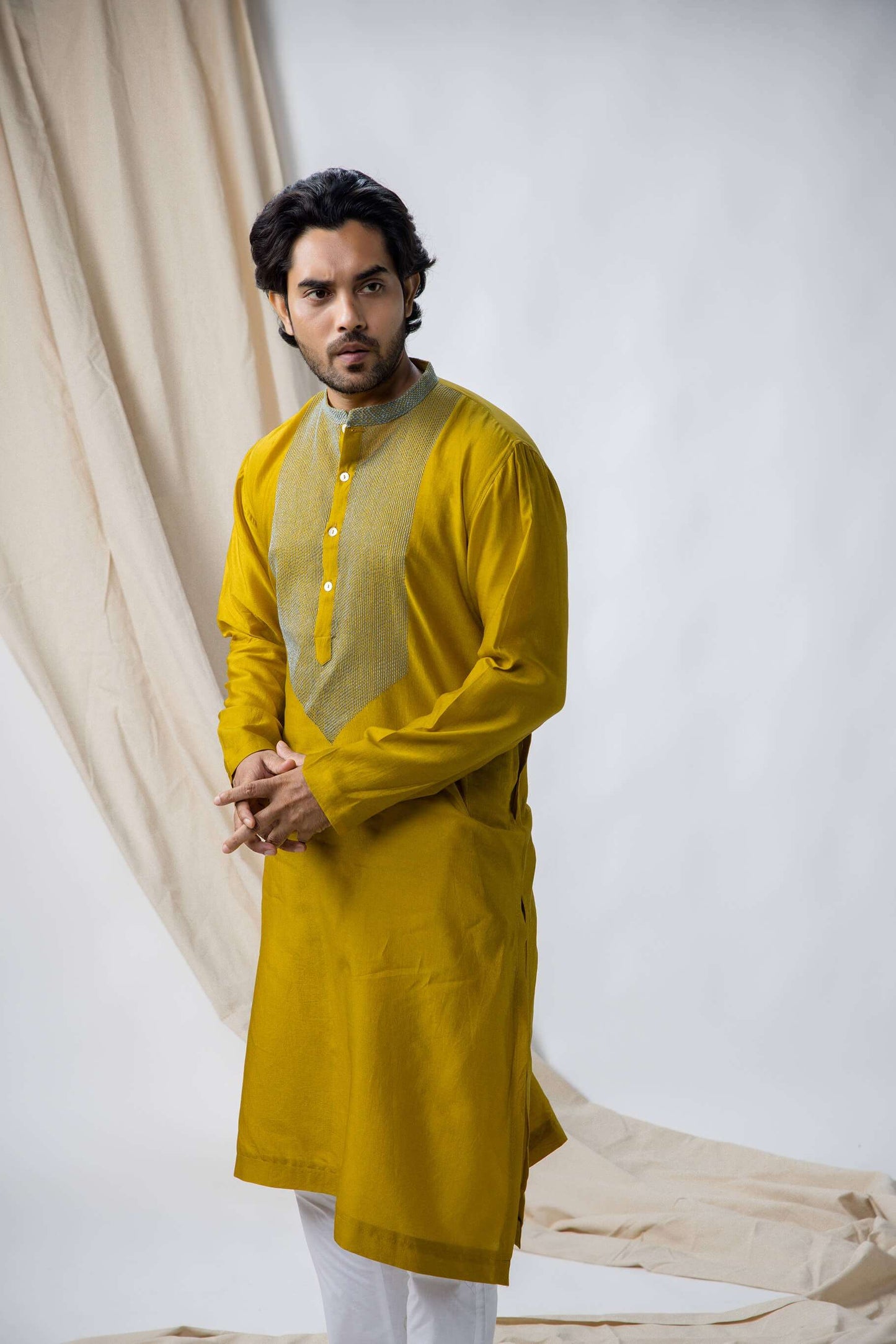 Anantha-Mustard Yellow Sujani embroidered Kurta for men-bihart