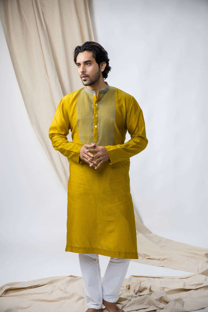 Anantha-Mustard Yellow Sujani embroidered Kurta for men-bihart