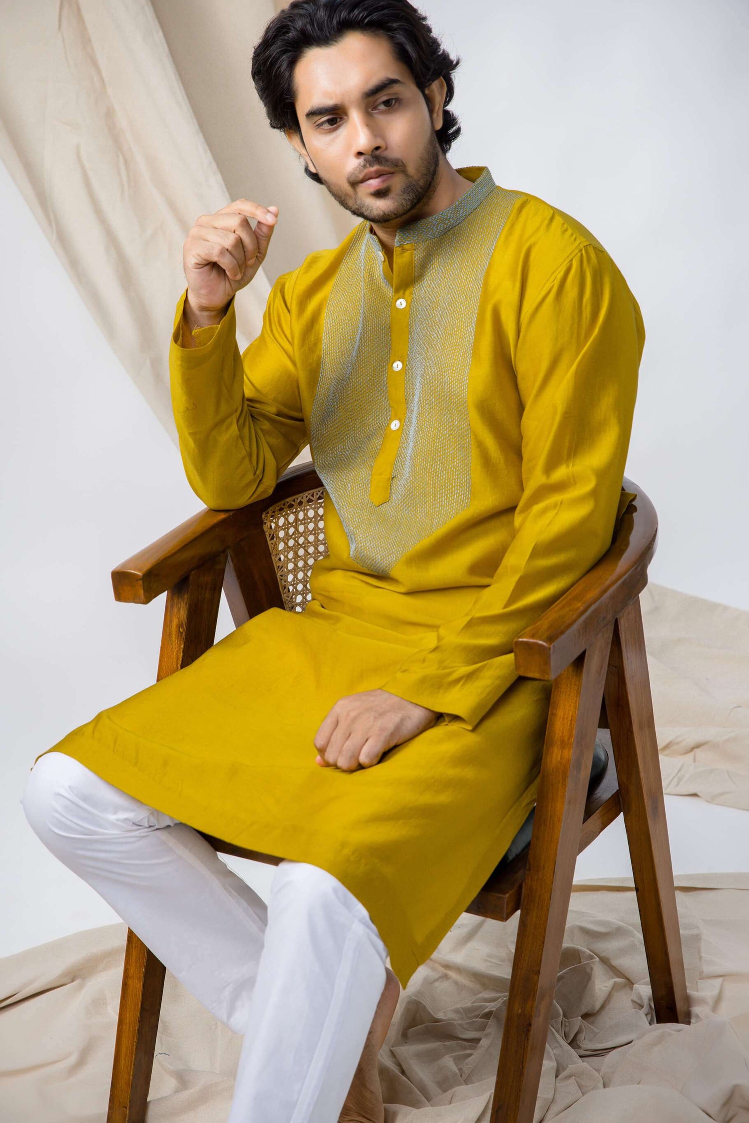 Anantha-Mustard Yellow Sujani embroidered Kurta for men-bihart