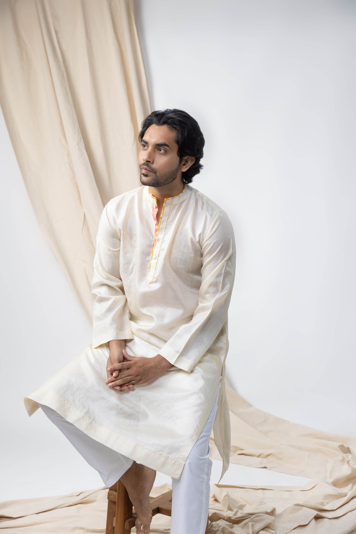 Anantha-Men's Wild Silk Off-White Kurta-bihart