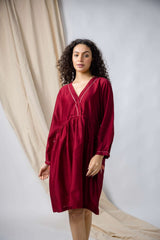 Anantha-Deep Red Drawstring Cinched Waist Dress-bihart