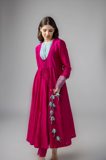 Anantha-Anarkali Set in cotton silk Chanderi with Pure Tussar Silk Floral Tassel-bihart