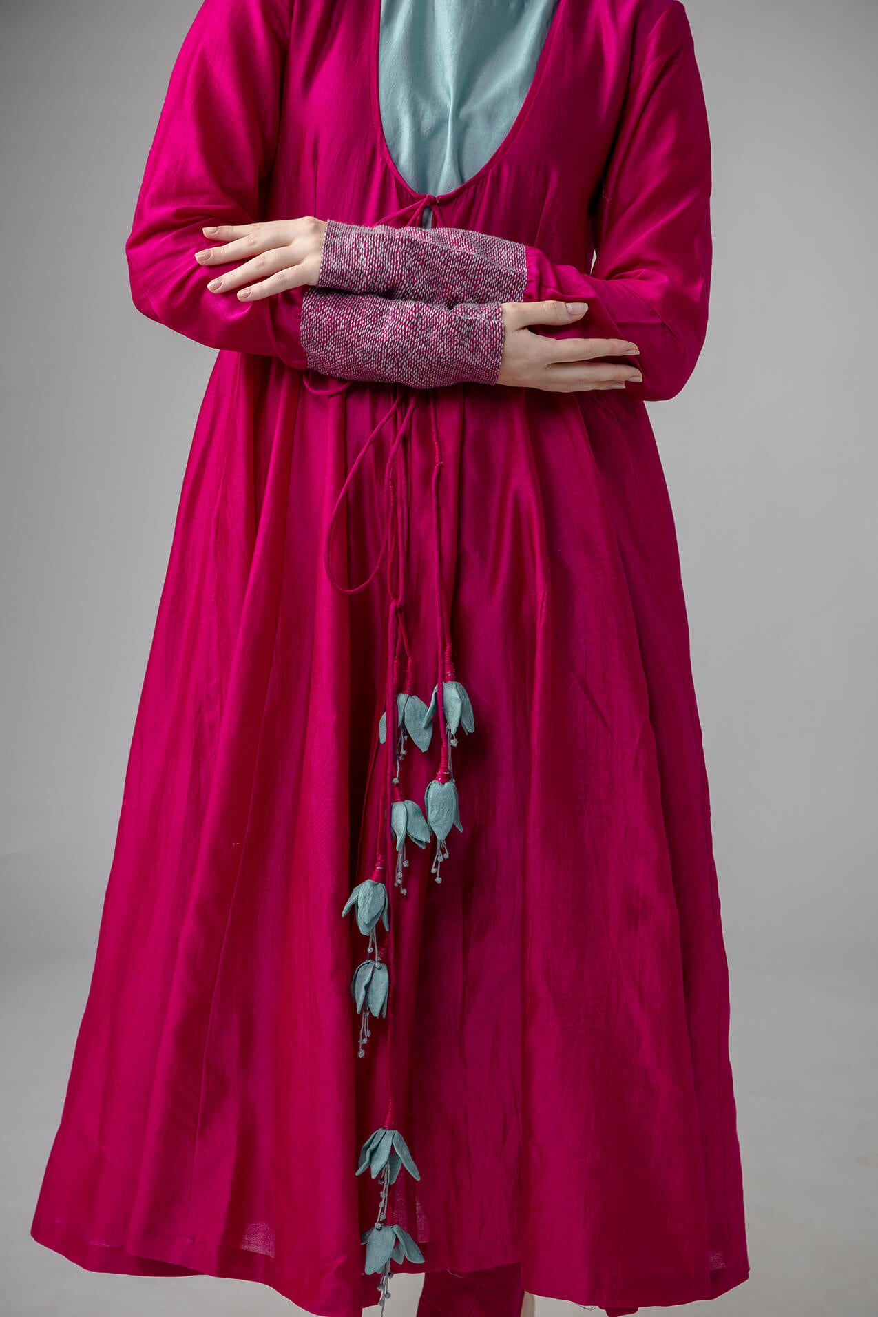 Anantha-Anarkali Set in cotton silk Chanderi with Pure Tussar Silk Floral Tassel-bihart