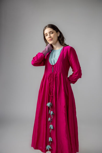 Anantha-Anarkali Set in cotton silk Chanderi with Pure Tussar Silk Floral Tassel-bihart