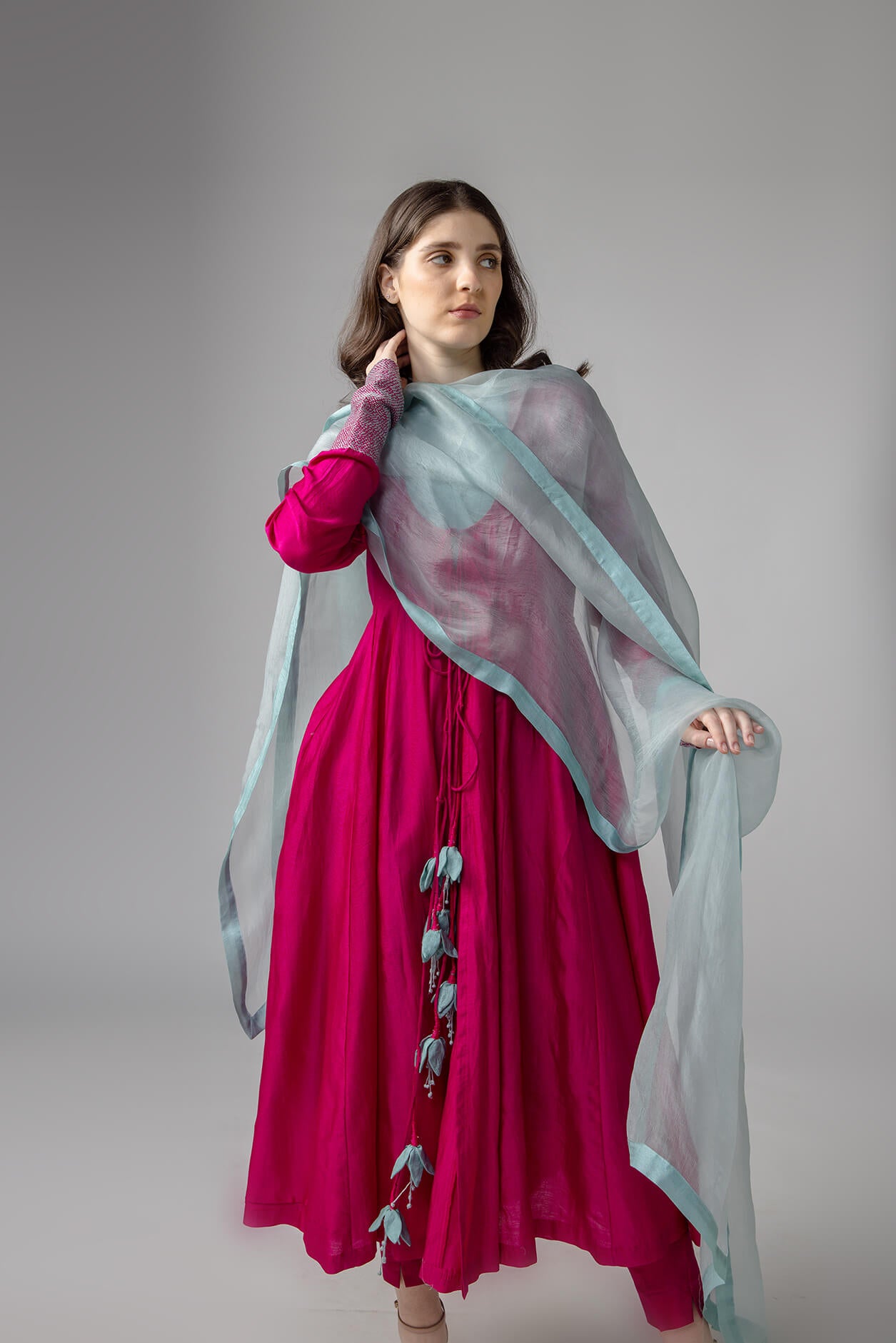 Anarkali Set in cotton silk with Pure Tussar Silk Floral Tassel