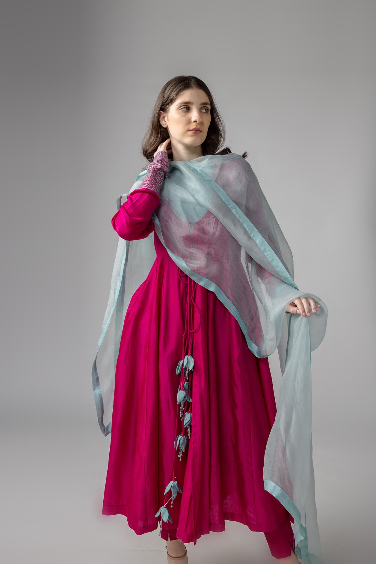 Anantha-Anarkali Set in cotton silk Chanderi with Pure Tussar Silk Floral Tassel-bihart