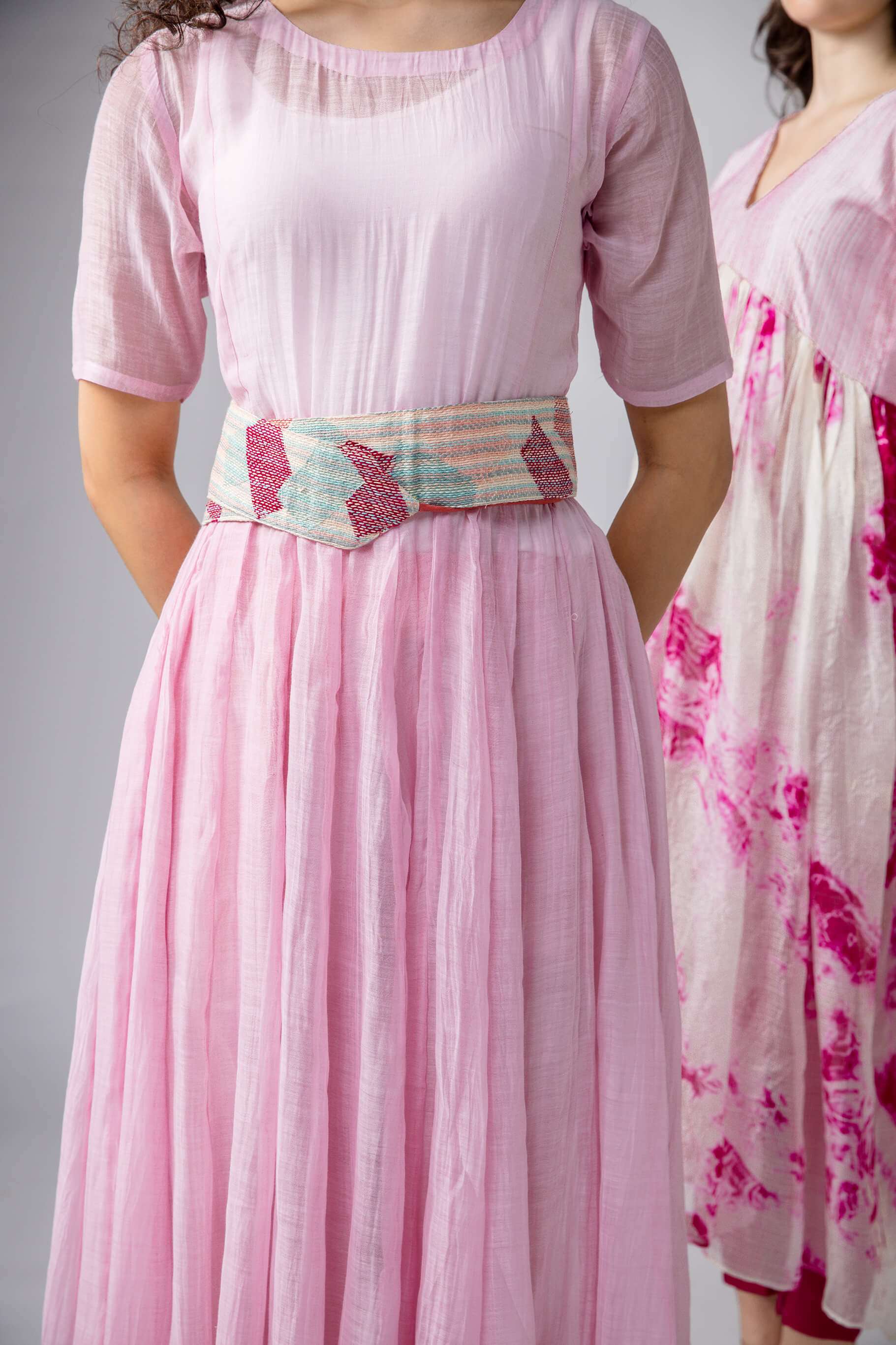 Powder pink Kurta Set in cotton silk with Handmade Sujani Belt