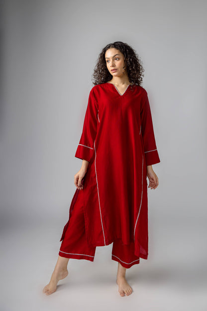 Anantha-Hand embroidered Red Chanderi Pakistani Kurta set-bihart