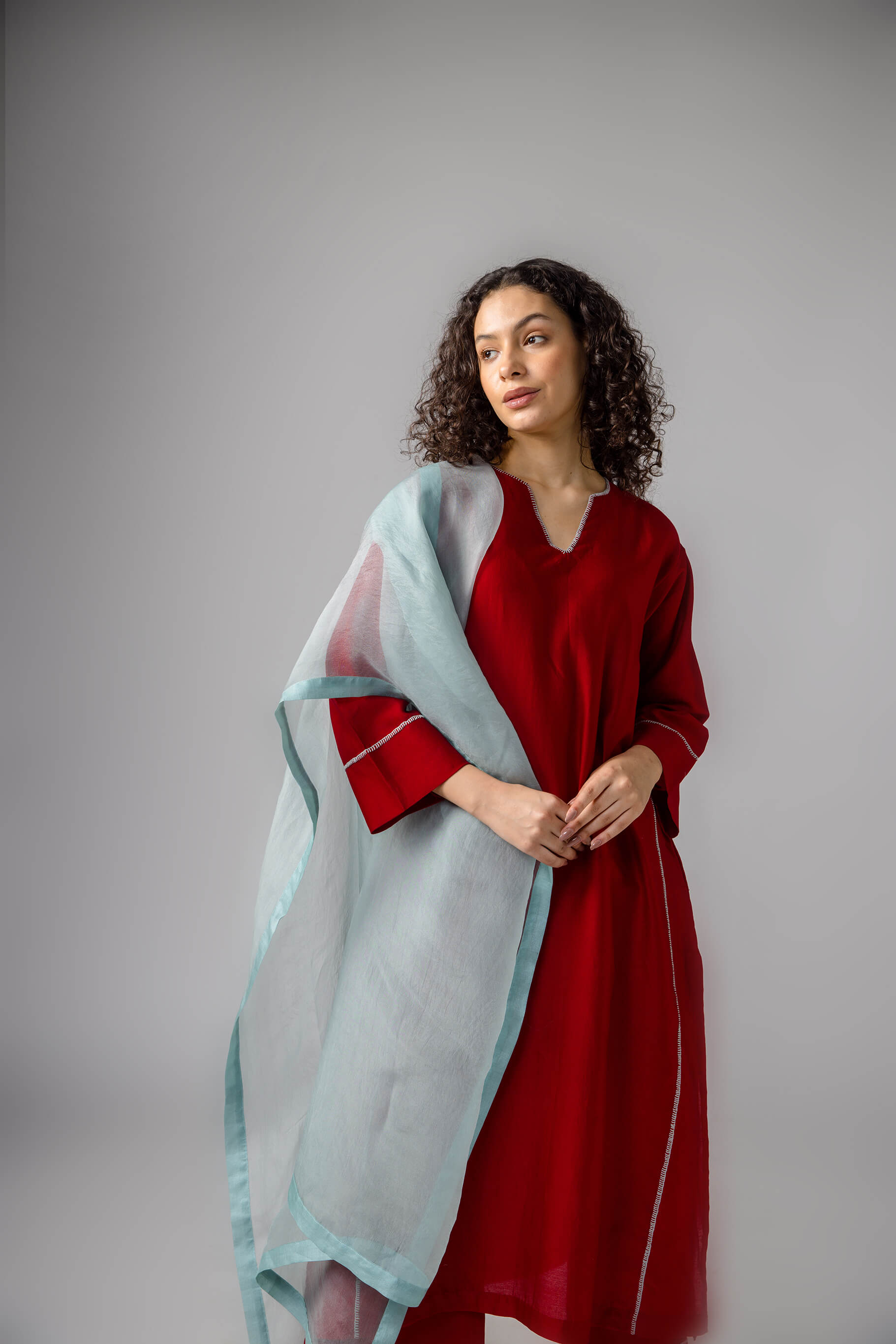Hand embroidered Red cotton-silk Pakistani Kurta set