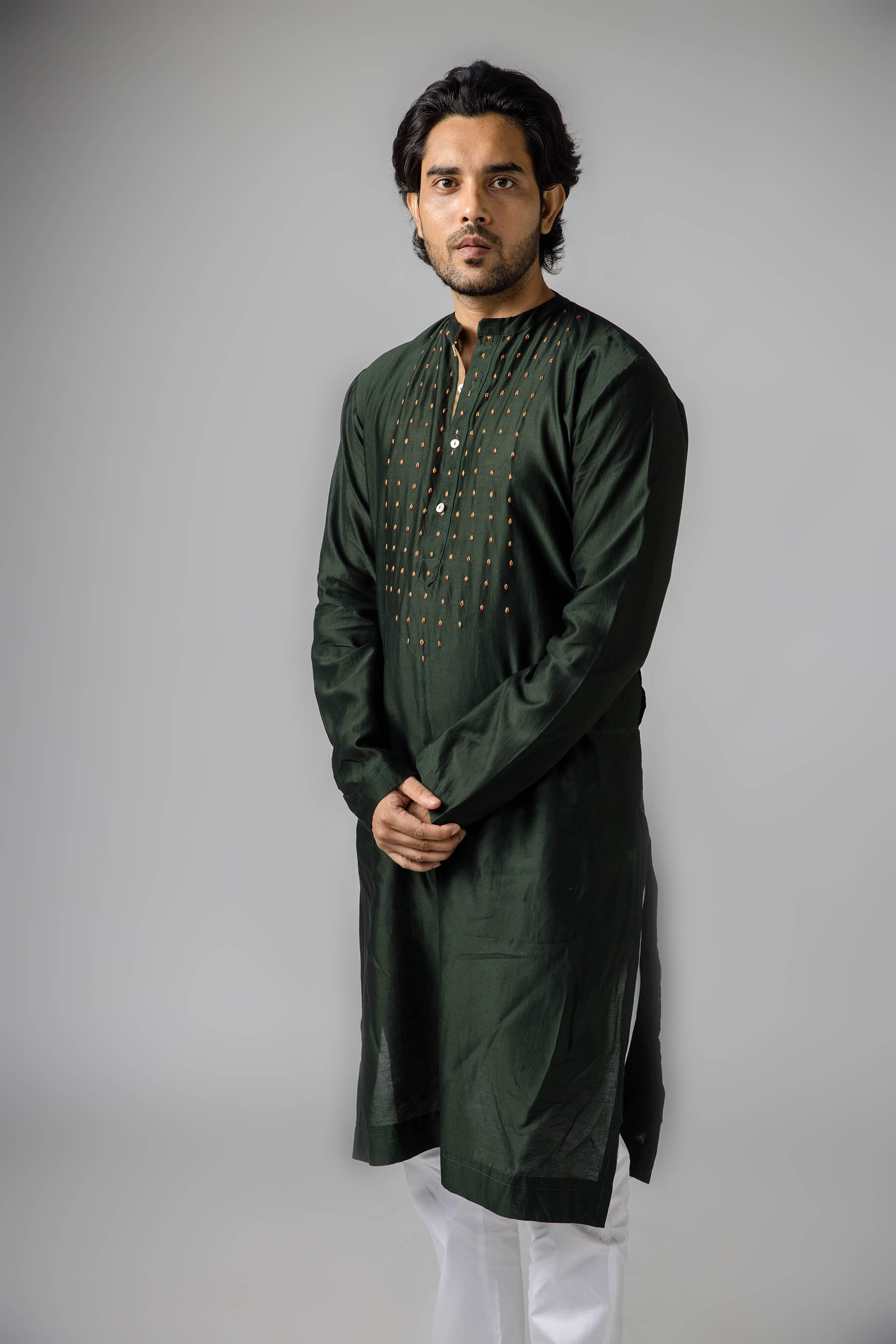 Anantha-Men's  Chanderi Dark Green Kurta-bihart