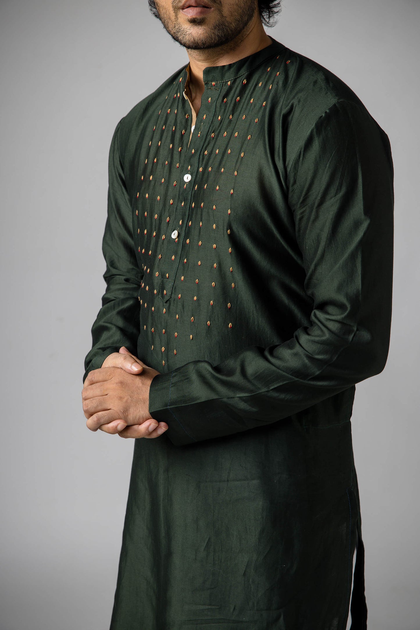 Anantha-Men's  Chanderi Dark Green Kurta-bihart