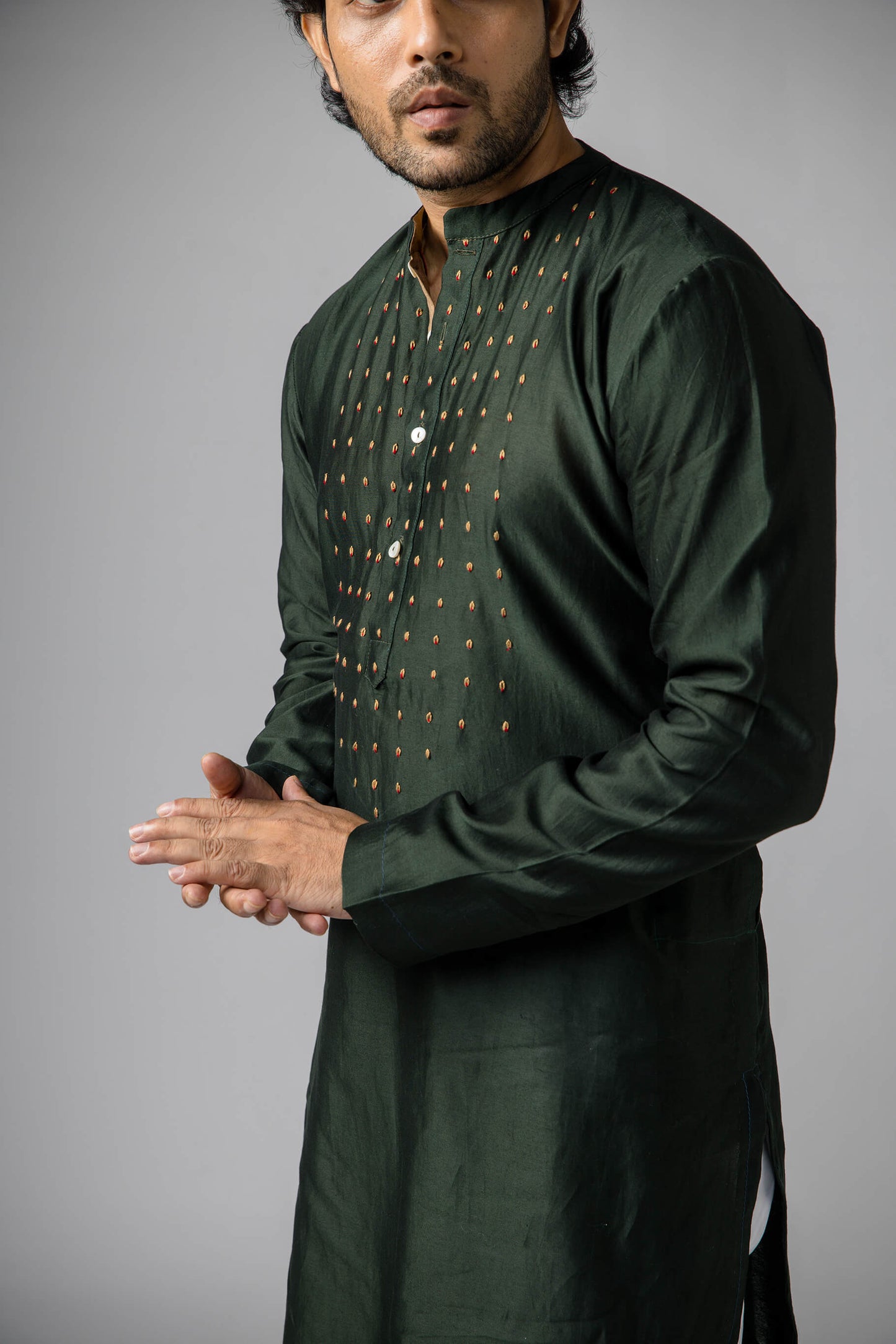 Anantha-Men's  Chanderi Dark Green Kurta-bihart