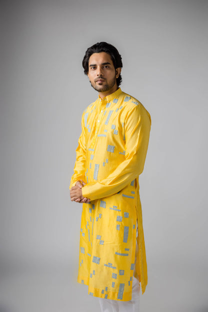 Anantha-Men's Cot-silk Chanderi Sujani and Applique Straight Kurta-bihart
