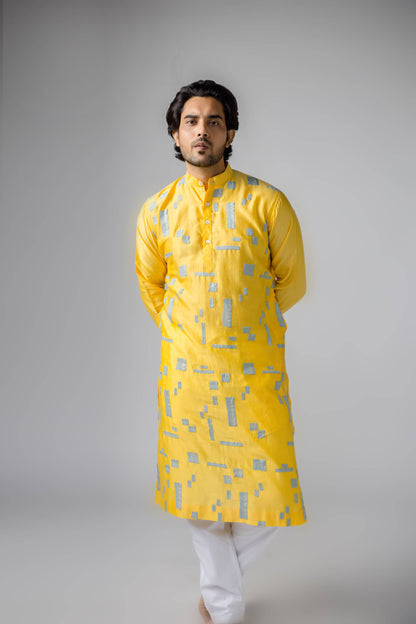 Anantha-Men's Cot-silk Chanderi Sujani and Applique Straight Kurta-bihart