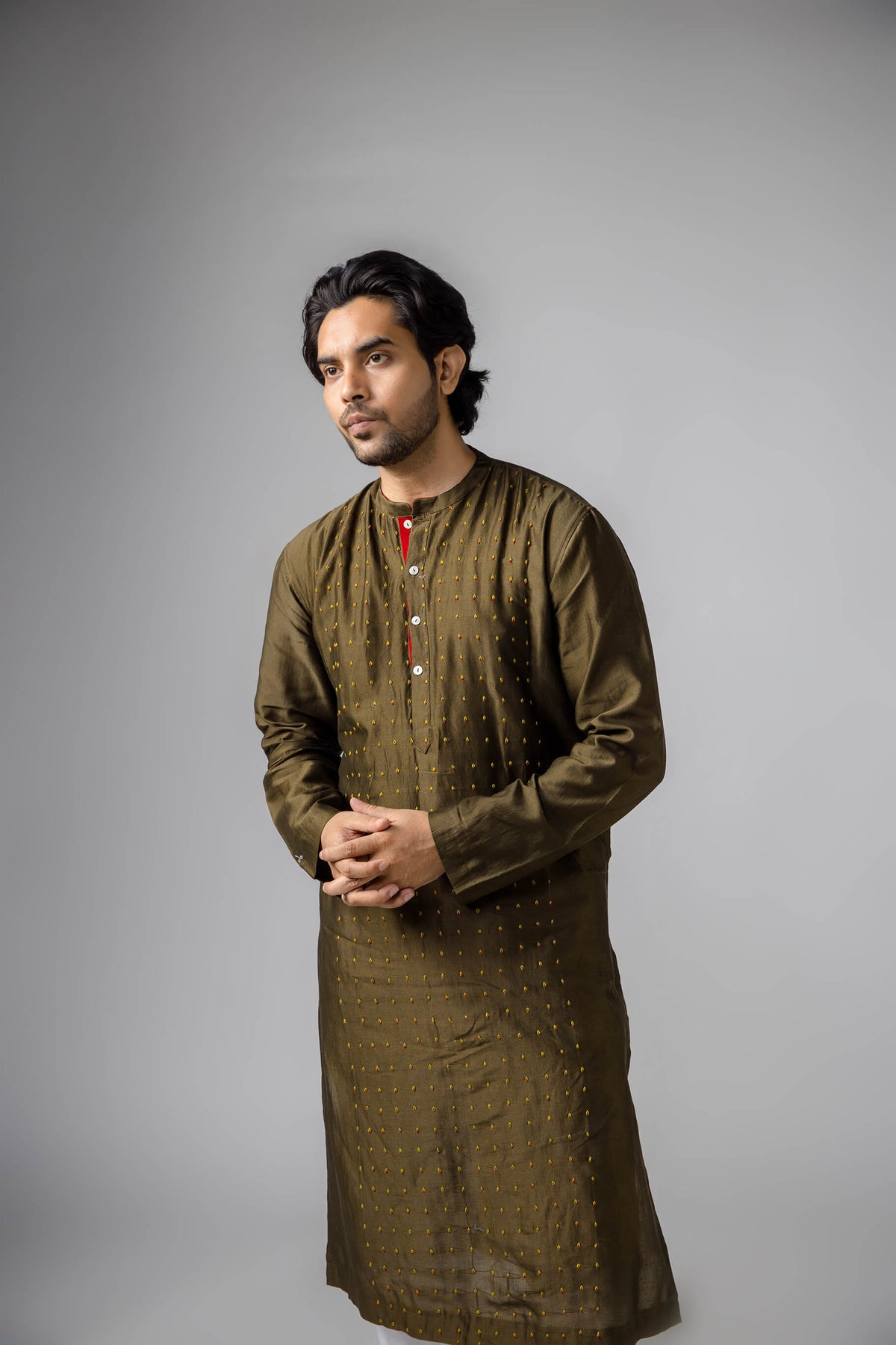Embroidered Olive Green Kurta in cotsilk for men