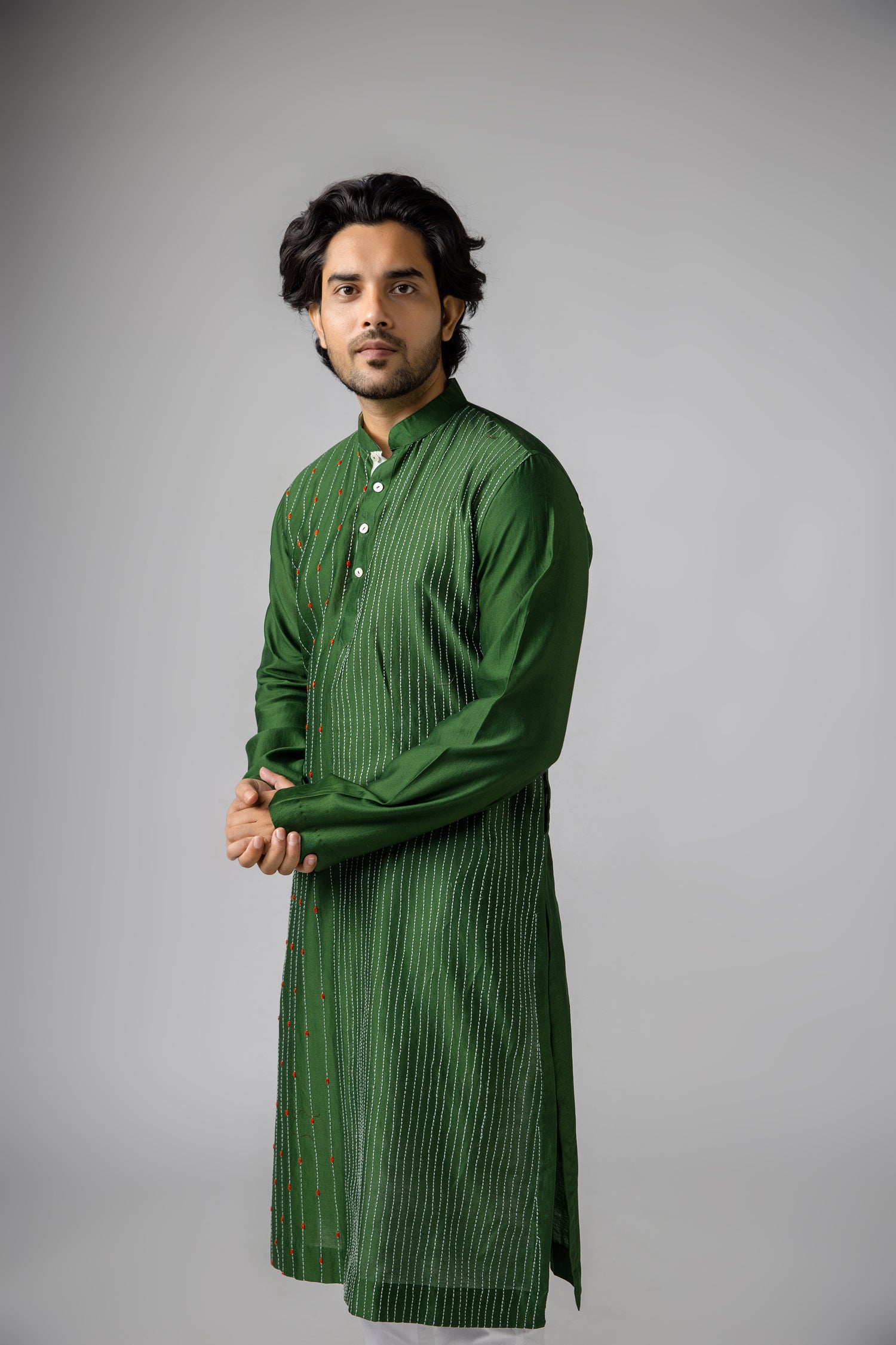 Anantha-Bottle green Cotsilk Chanderi Sujani Embroidery Kurta for Men-bihart