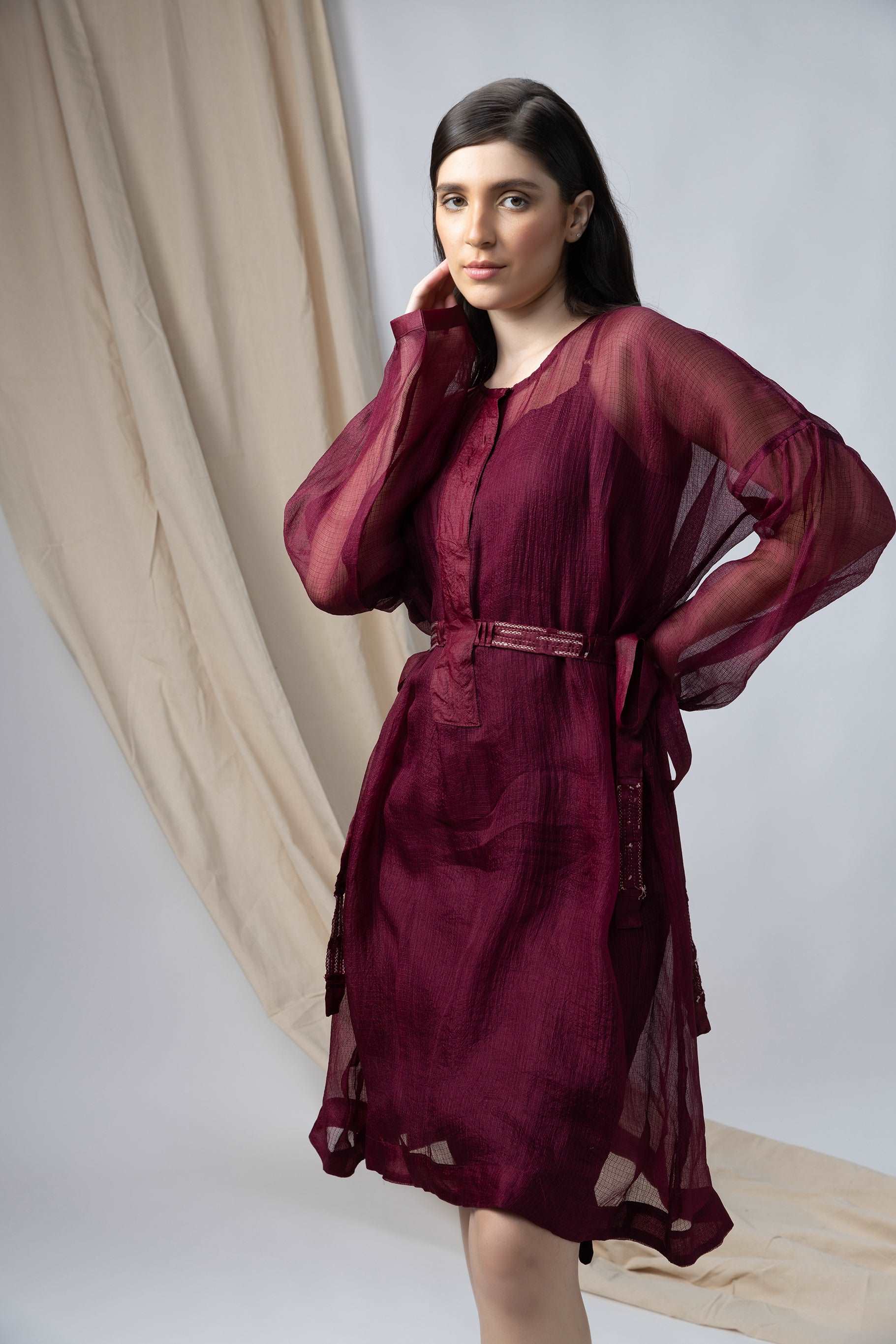 Anantha Silk Kota Red Wine Sheer Dress with side belts