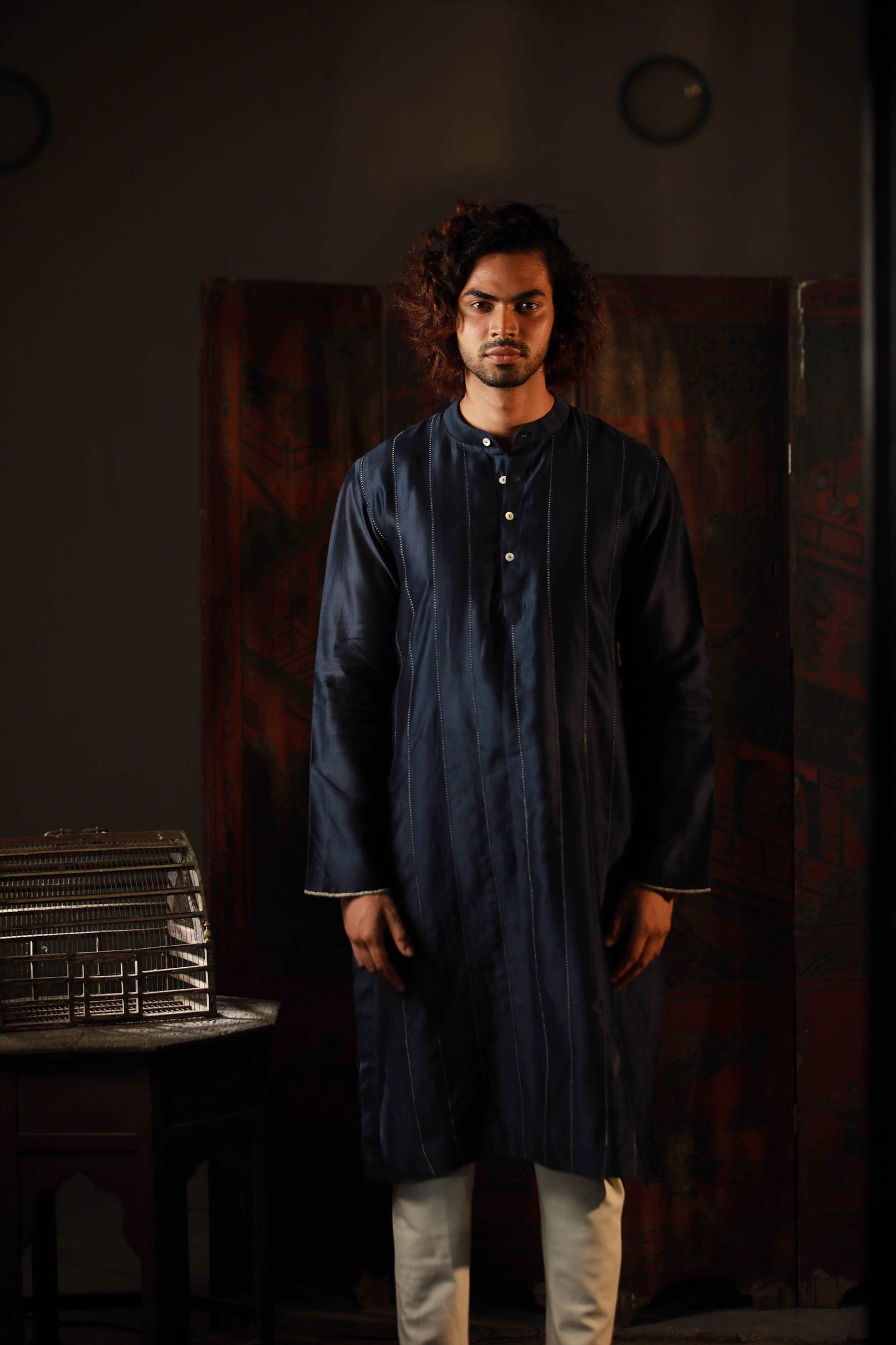 Anantha-Royal Blue  Chanderi Hand Embroidered  Kurta for men-bihart