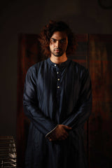 Royal Blue Cot-silk Hand Embroidered  Kurta for men