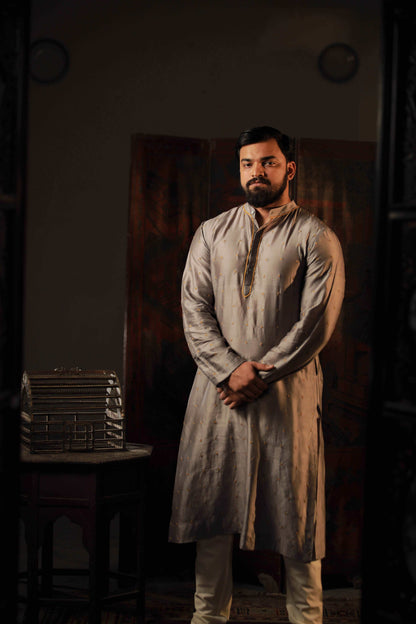 Anantha-Grey  Chanderi Hand Embroidered Straight Kurta for men-bihart