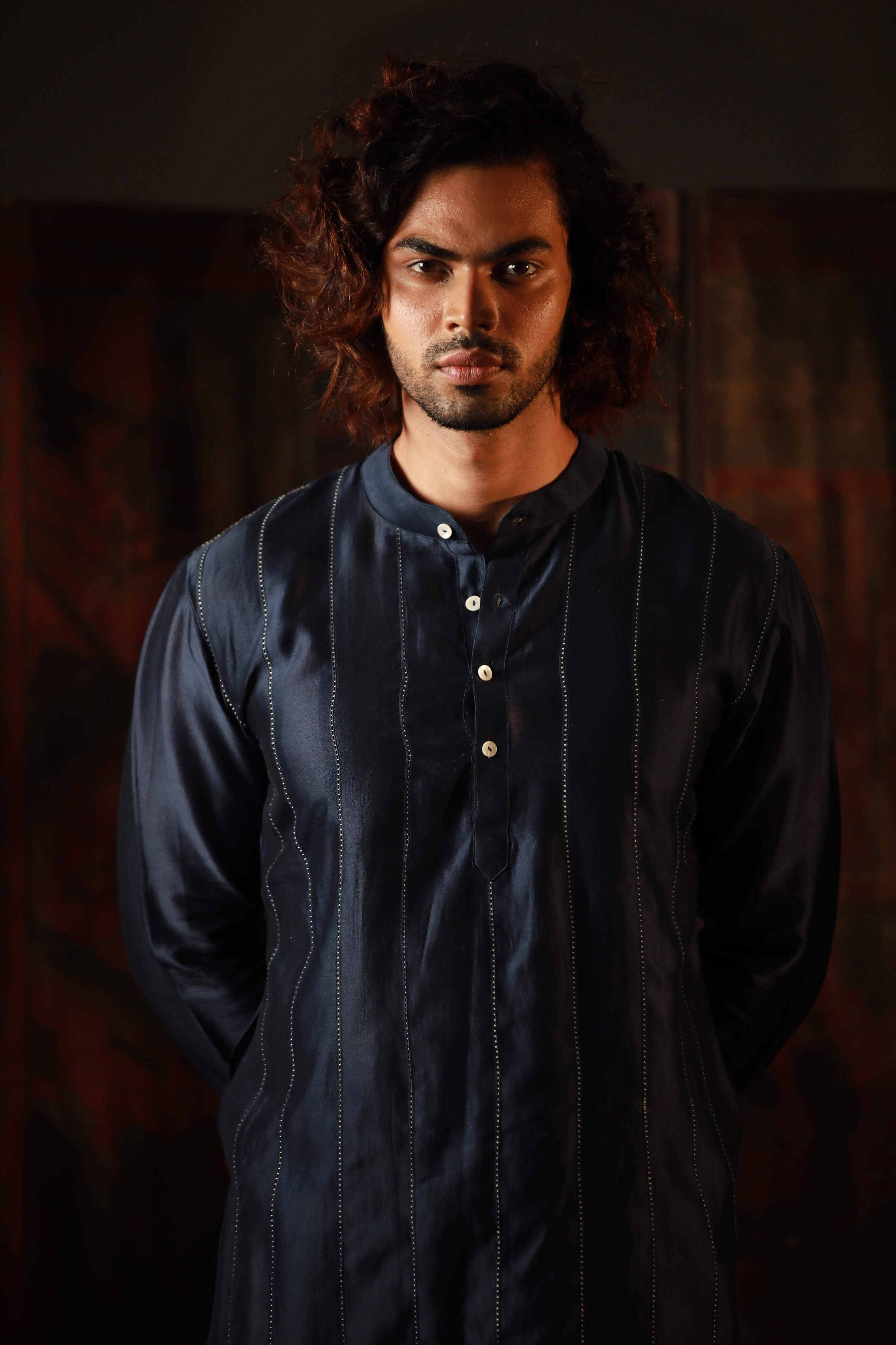 Royal Blue Cot-silk Hand Embroidered  Kurta for men