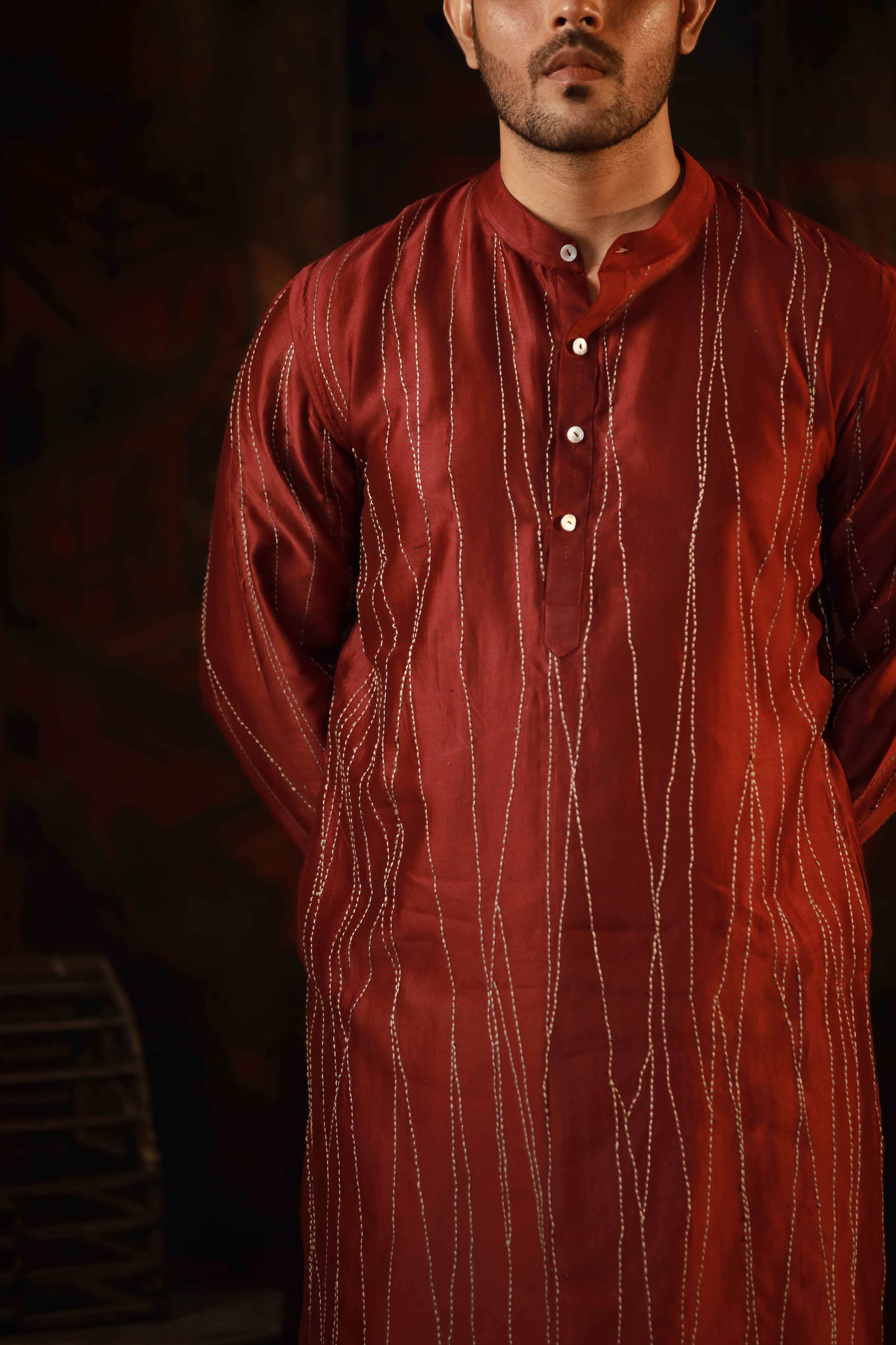 Men's Red Cot-silk Hand Embroidered Straight Kurta