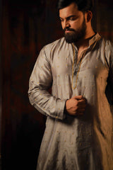 Grey Cot-silk Hand Embroidered Straight Kurta for men