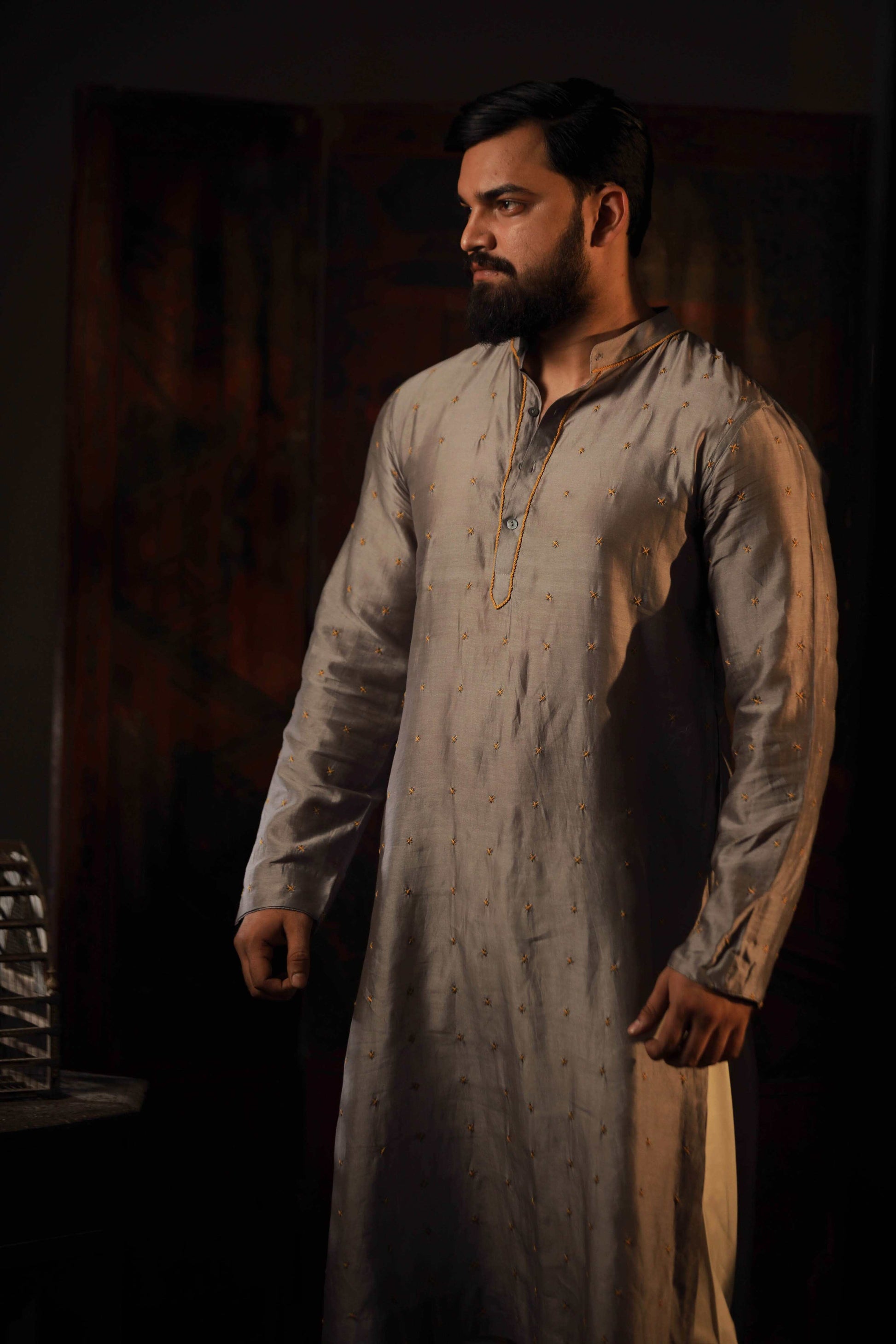 Anantha-Grey  Chanderi Hand Embroidered Straight Kurta for men-bihart