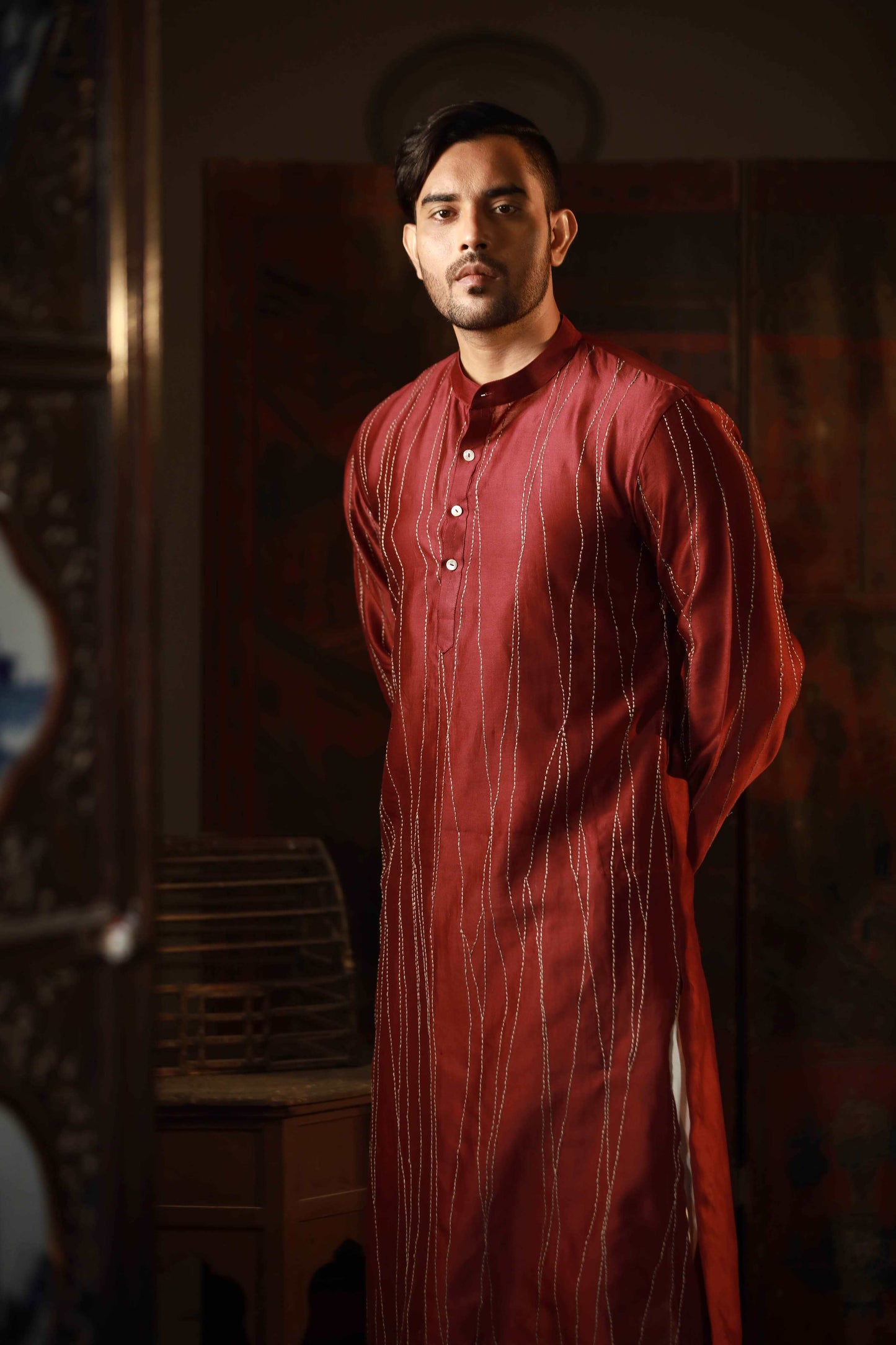 Anantha-Men's Red  Chanderi Hand Embroidered Straight Kurta-bihart