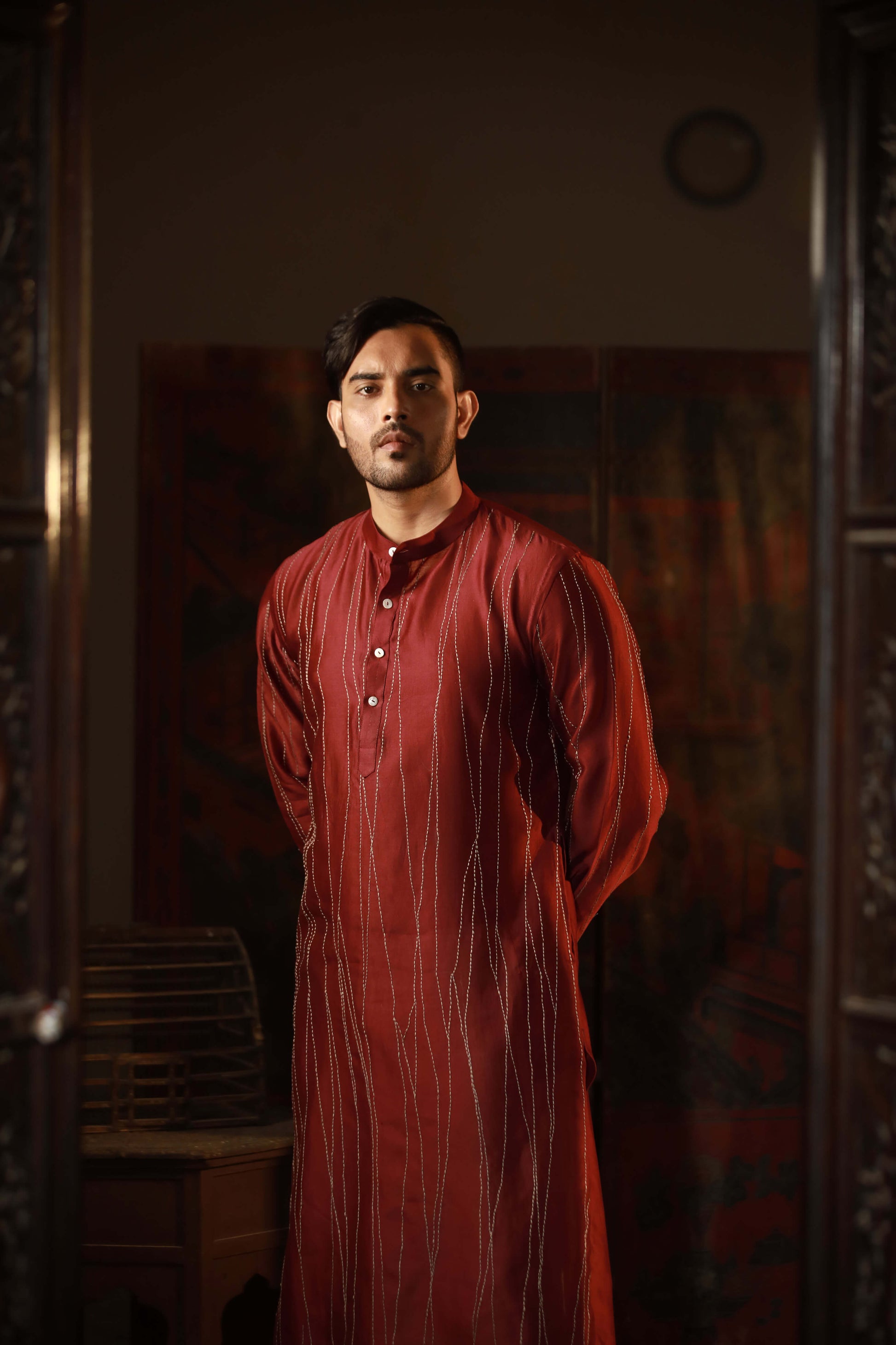 Anantha-Men's Red  Chanderi Hand Embroidered Straight Kurta-bihart