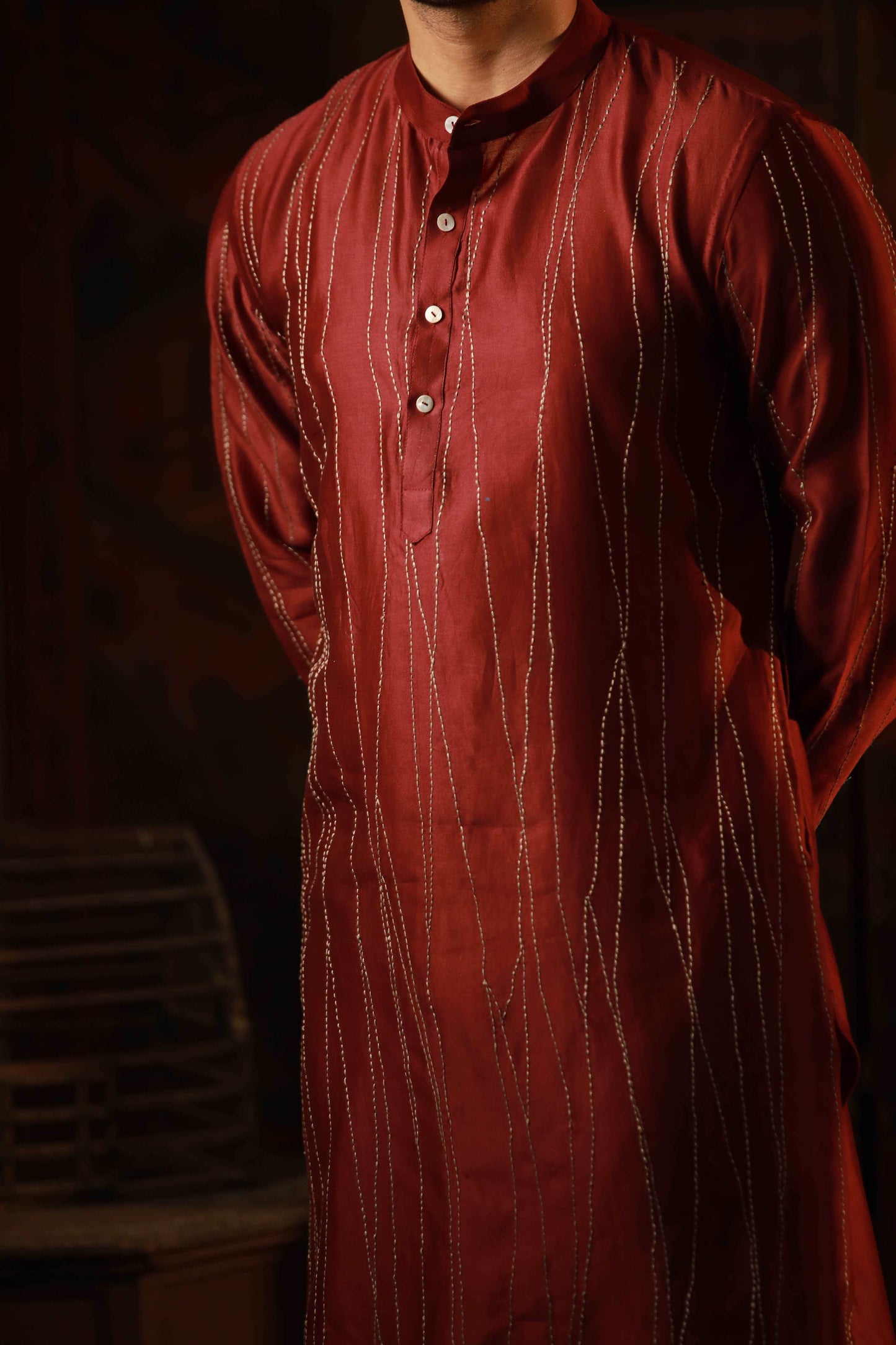 Anantha-Men's Red  Chanderi Hand Embroidered Straight Kurta-bihart