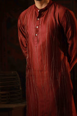 Men's Red Cot-silk Hand Embroidered Straight Kurta