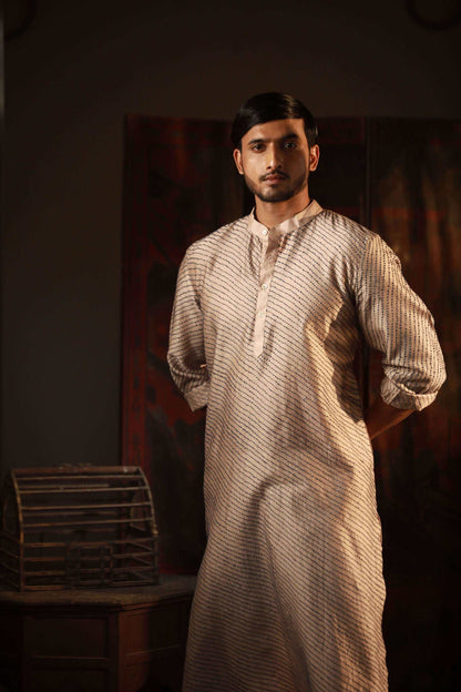 Anantha-Beige Cotsilk Chanderi Sujani Straight Kurta for men-bihart