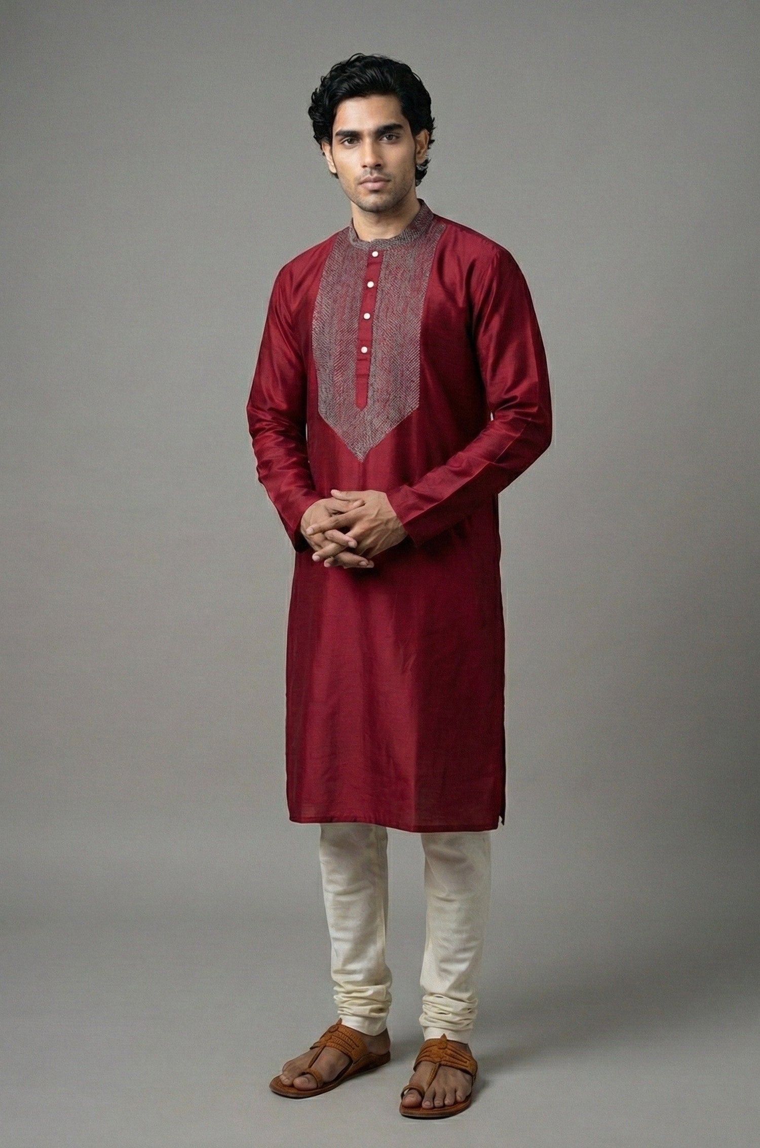 Anantha Maroon Sujani embroidered Kurta For Men