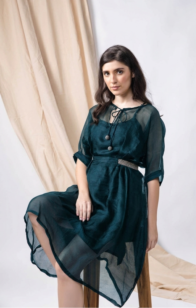 Anantha Silk Kota Drop Shoulder Teal Blue Sheer Dress
