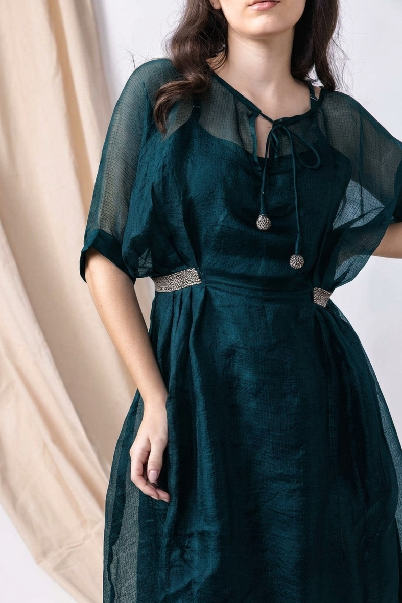Anantha Silk Kota Drop Shoulder Teal Blue Sheer Dress