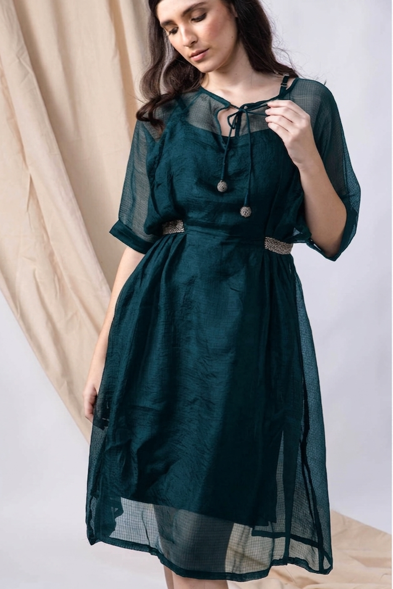 Anantha Silk Kota Drop Shoulder Teal Blue Sheer Dress