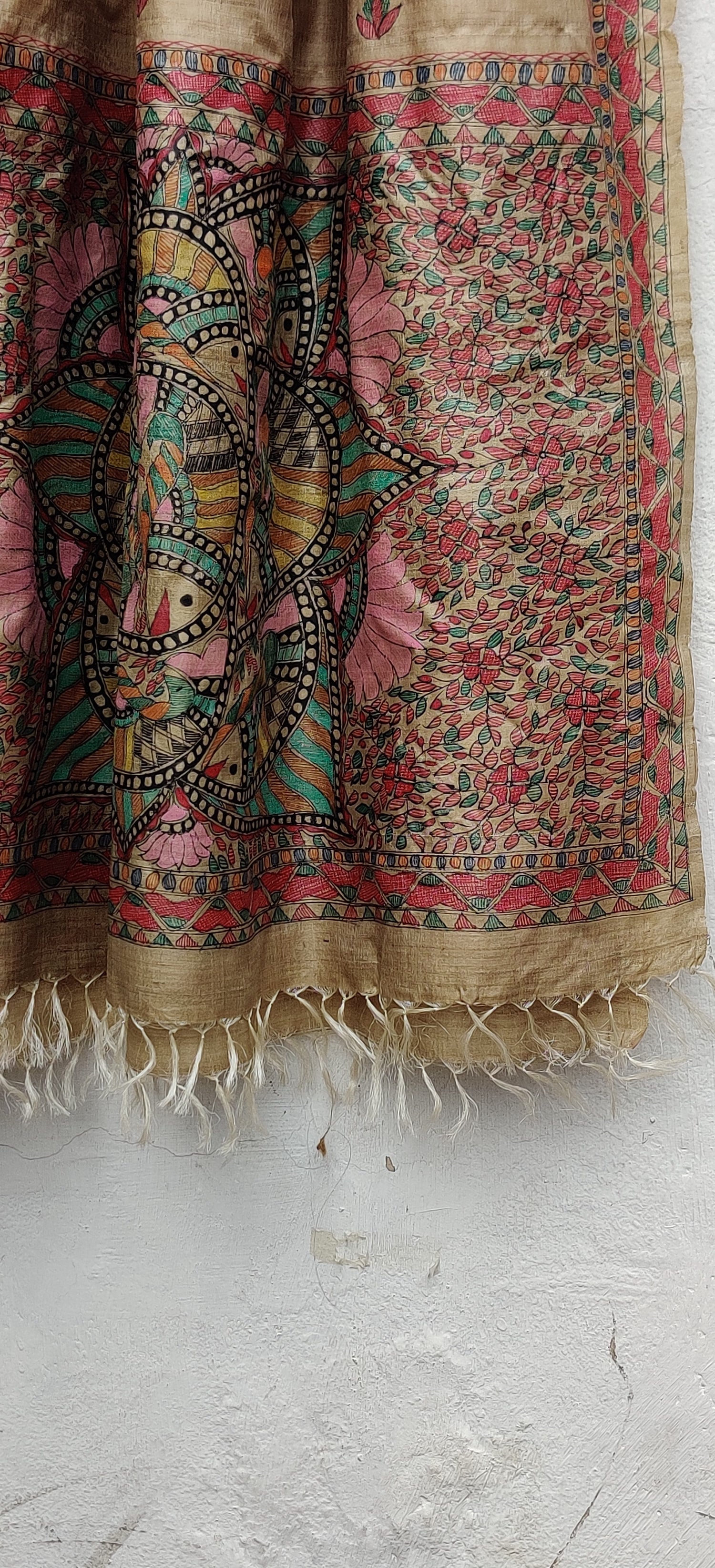 Beige-Wild Silk Dupatta Hand Painted in Traditional Madhubani.-bihart