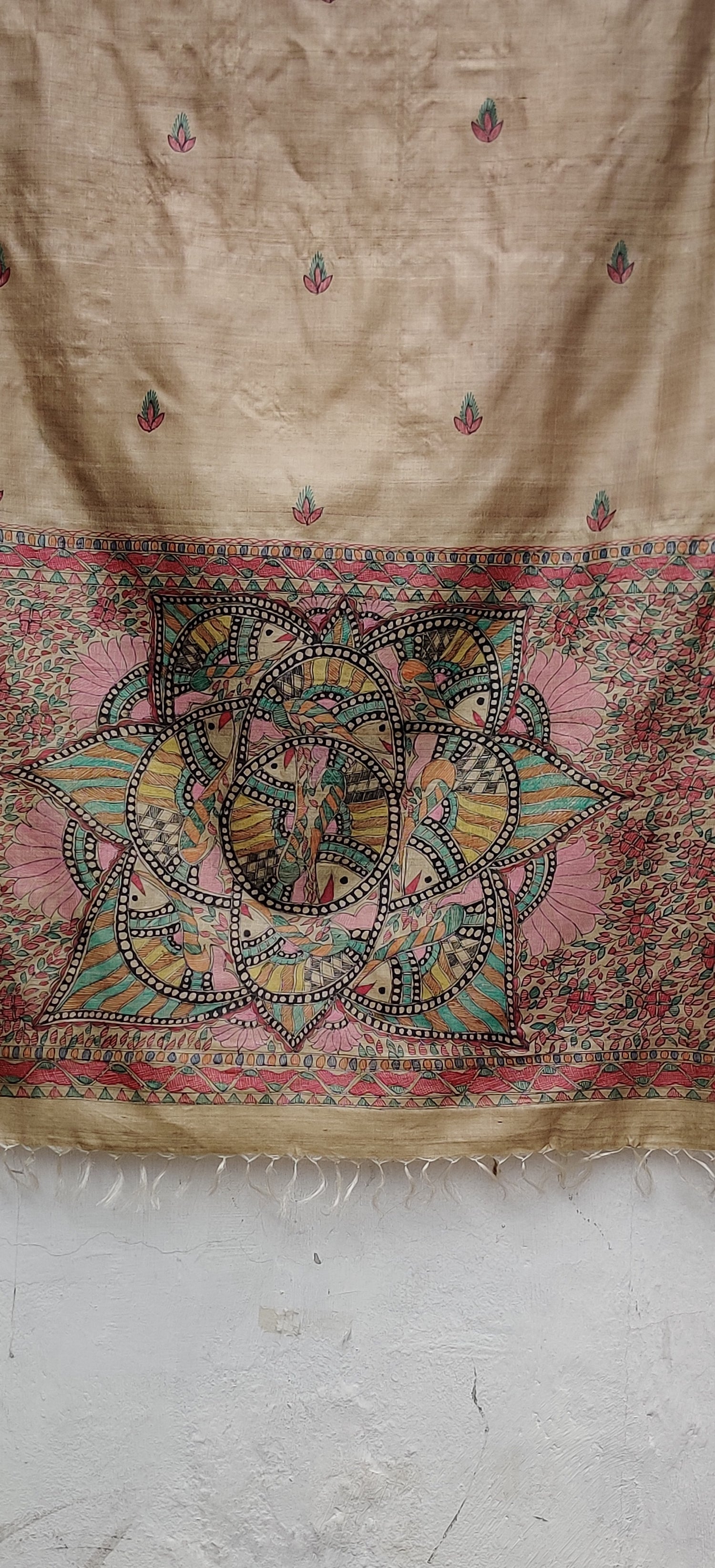 Beige-Wild Silk Dupatta Hand Painted in Traditional Madhubani.-bihart